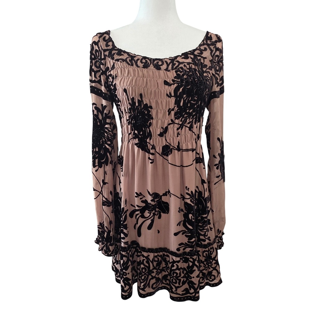 Hale Bob Vintage Silk Mini Dress Tan Espresso Brown Velvet Floral Burnout Small